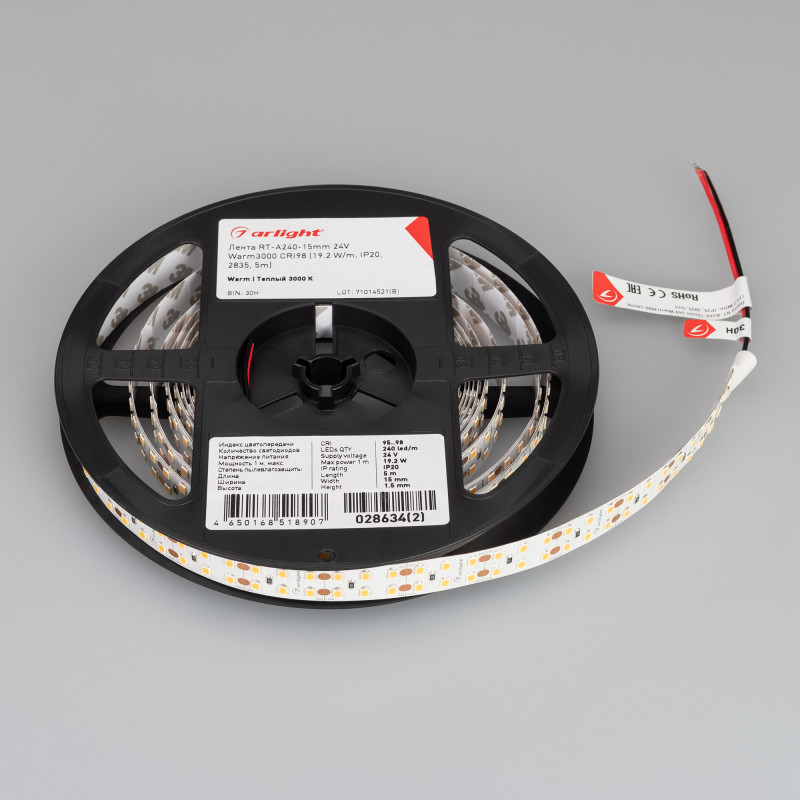 Лента RT-A240-15mm 24V Warm3000 CRI98 (19.2 W/m, IP20, 2835, 5m) (Arlight, Открытый) 028634(2). Цена указана за 5 метров. Продается кратно 5 метрам.