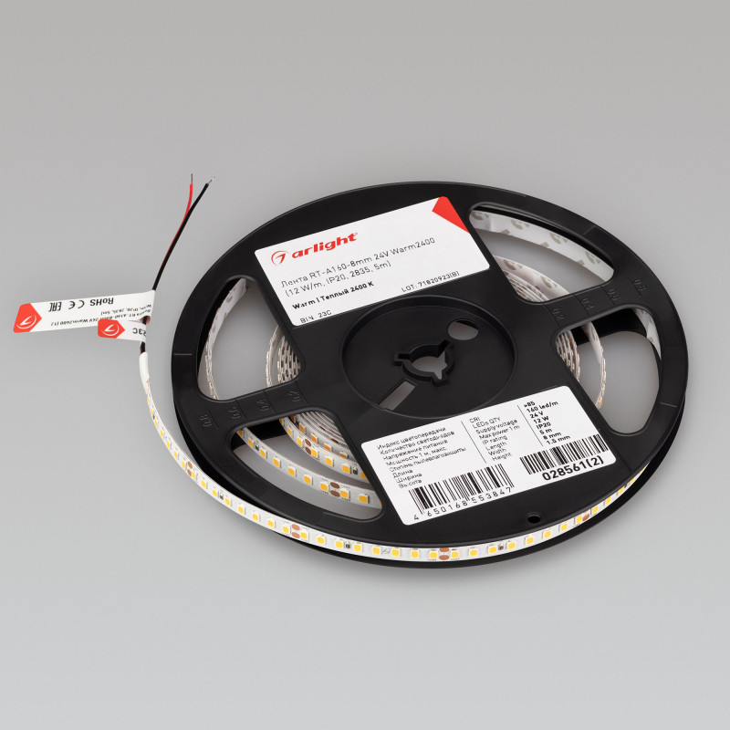 Лента RT-A160-8mm 24V Warm2400 (12 W/m, IP20, 2835, 5m) (Arlight, высок.эфф.150 лм/Вт) 028561(2). Цена указана за 5 метров. Продается кратно 5 метрам.