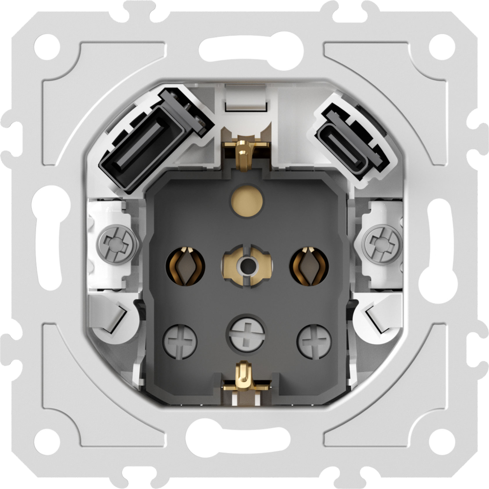 Donel механизм розетки Schuko 16А 250 В~ с зарядным устройством USB A+C, 5V/3A, мощность 20W, на винтах, предназначен для монтажных коробок глубиной не менее 60 мм., серия DB, DB19900