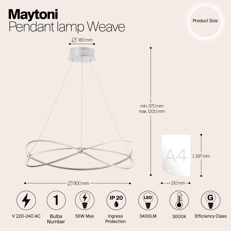 Подвесной светодиодный светильник Maytoni Weave MOD062PL-L56CH3K, 56W LED, 3000K, диаметр 80 см, никель
