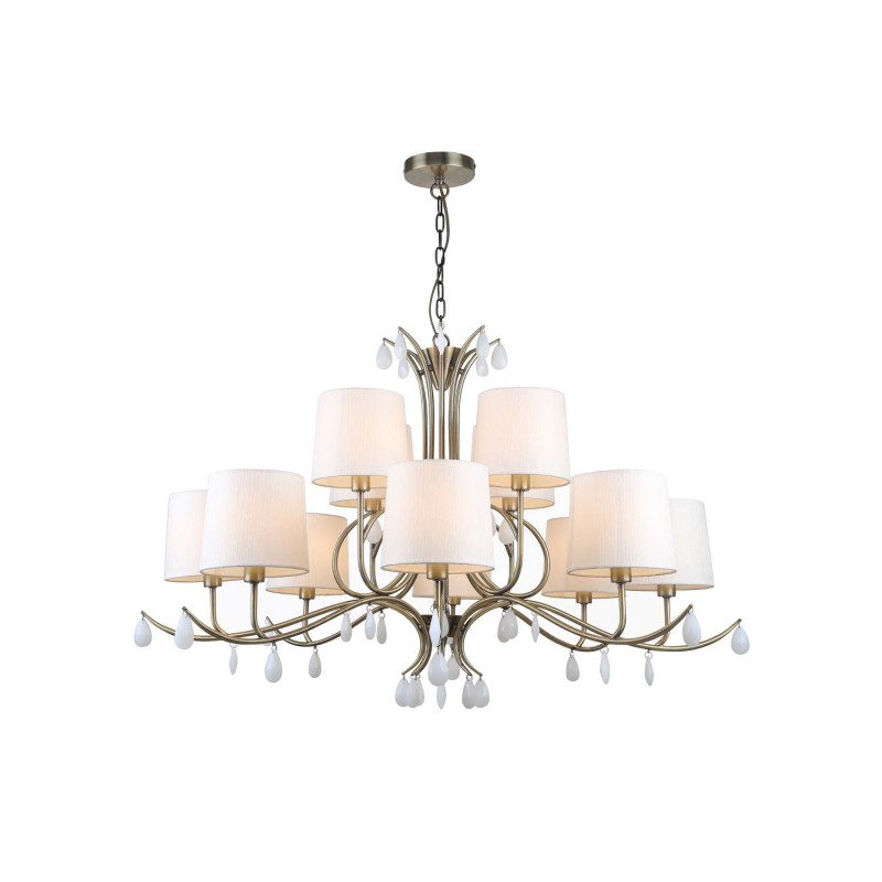 Подвесная люстра Favourite Castellum 2769-12P, D1010*H630/1630, античная латунь, плафоны из ткани кремового цвета, декоративные элементы в виде подвесок из белого стекла