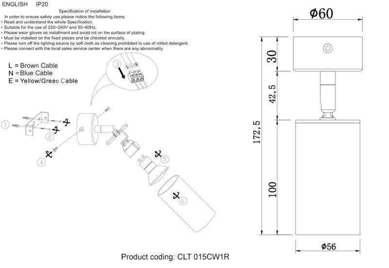 Светильник 6 см, Crystal Lux CLT 015CW1R BL Черный