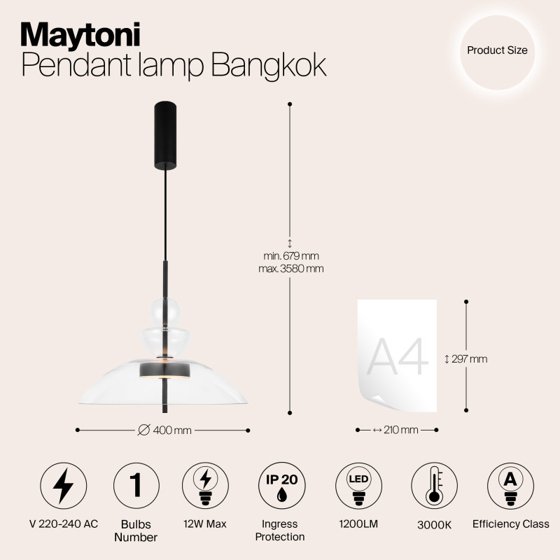 Подвесной светильник  40*67,9 см, LED 1 12W, 3000К, Черный Maytoni Bangkok MOD185PL-L6B3K3