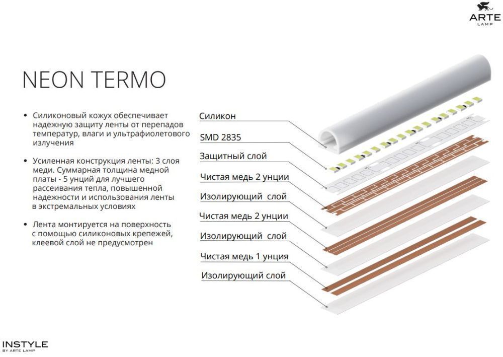 Светодиодная лента термостойкая 24V 14,4W/m 3000K 5m IP68 Arte Lamp NEON TERMO A2418013-01-3K