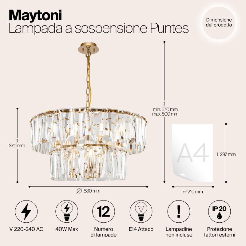Подвесная люстра Maytoni Puntes MOD043PL-12G, диаметр 68 см, золото