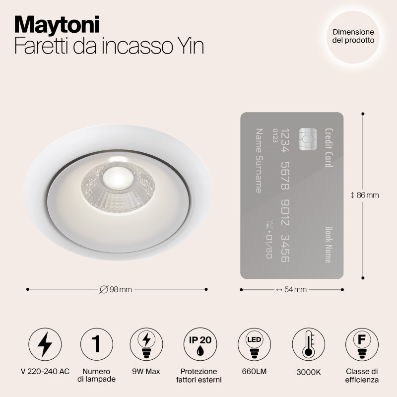 Встраиваемый светильник 10 см, 8W, 3000К, белый, теплый свет, Maytoni Zoom DL031-2-L8W, светодиодный