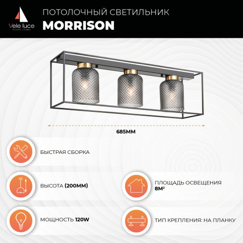Потолочный светильник 16*69*20 см, 3*E27 черный, золото Vele Luce Morrison VL5472L03