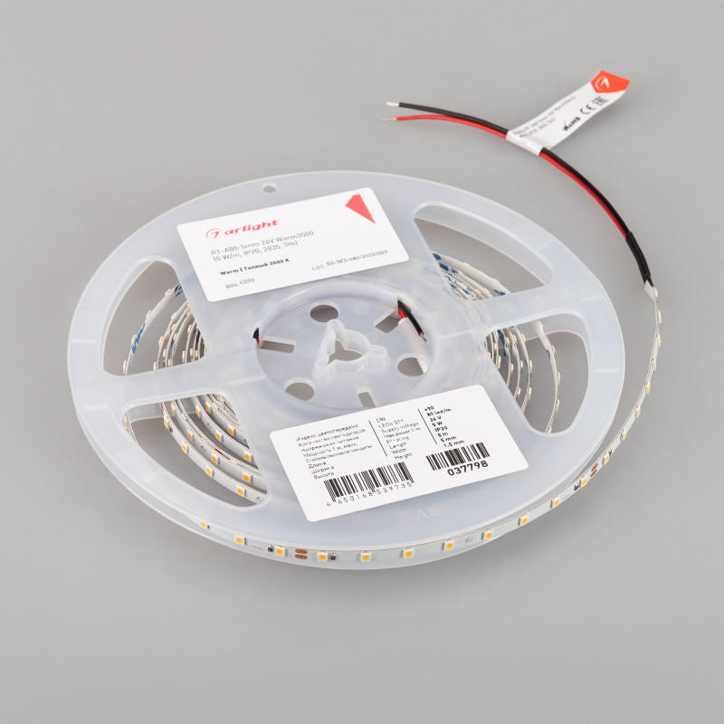 Лента RT-A80-5mm 24V Warm3500 (5 W/m, IP20, 2835, 5m) (Arlight, Открытый) 037798. Цена указана за 5 метров. Продается кратно 5 метрам.