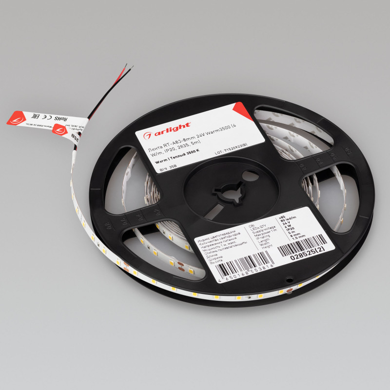 Лента RT-A80-8mm 24V Warm3500 (6 W/m, IP20, 2835, 5m) (Arlight, Открытый) 028525(2). Цена указана за 5 метров. Продается кратно 5 метрам.