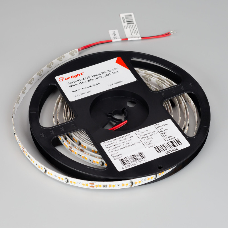 Лента RT-A168-10mm 24V Dim-To-Warm (14.4 W/m, IP20, 2835, 5m) (Arlight, Dim-To-Warm) 033606. Цена указана за 5 метров. Продается кратно 5 метрам.