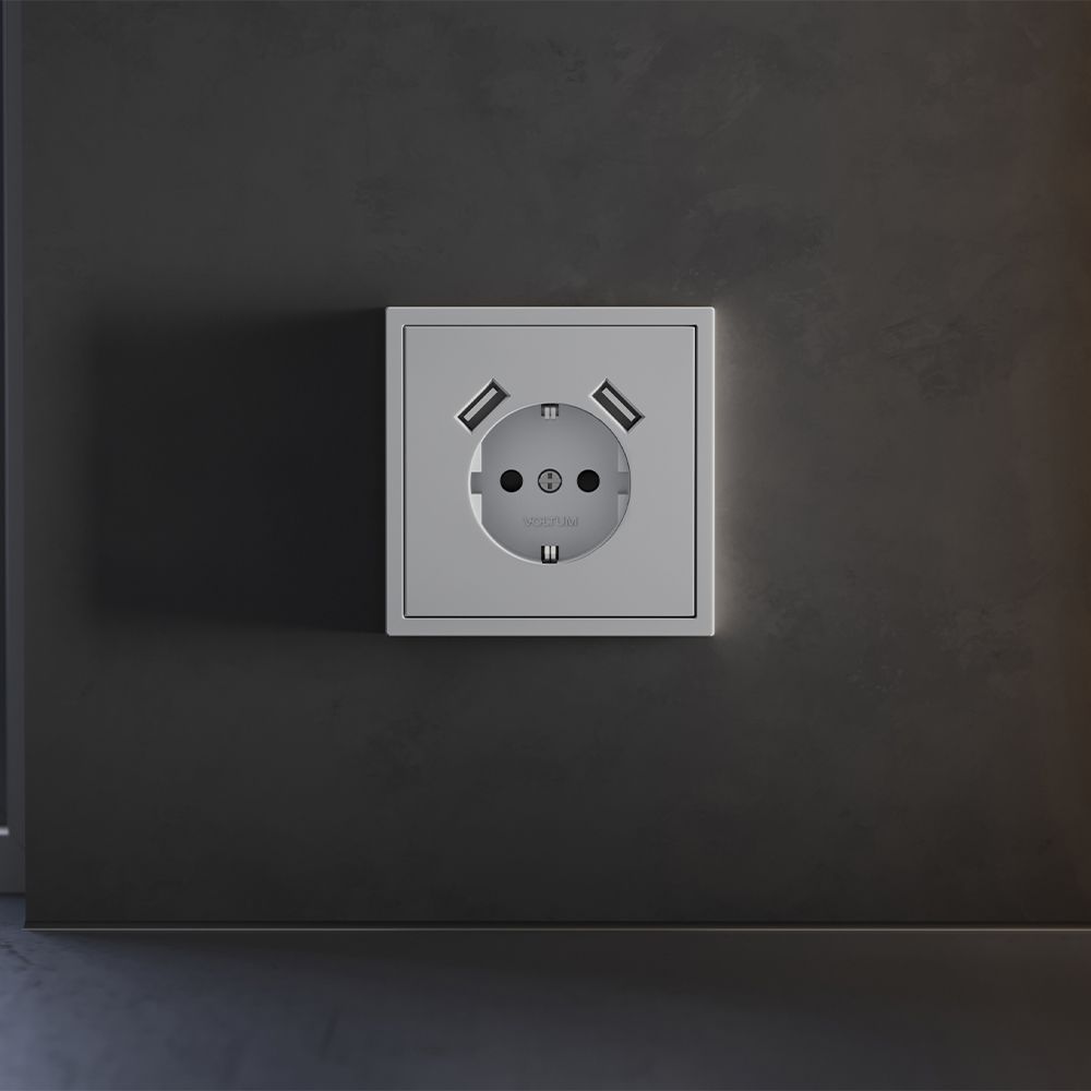 Накладка для розетки с заземлением и защитными шторками, с USB A+A, S70, серый Voltum VLS000916