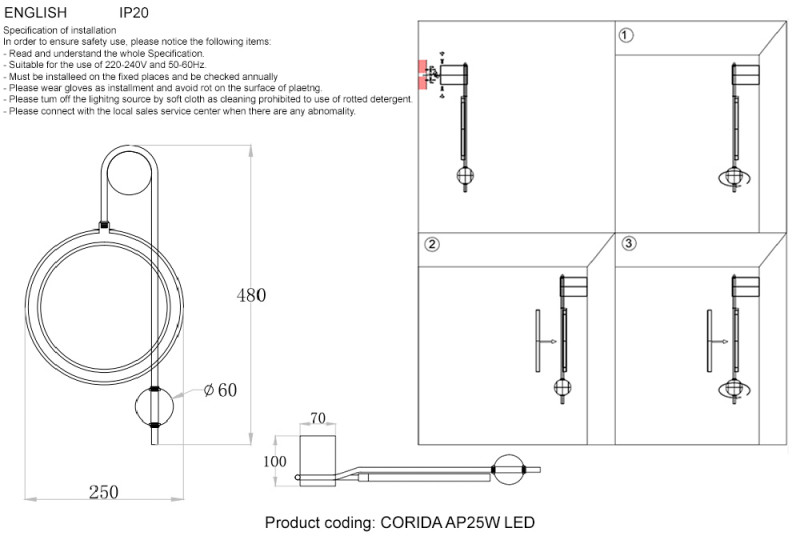 Бра 48 см, 25W, 3000-6000K, Crystal Lux CORIDA AP25W LED BLACK/GOLD, черный-золото