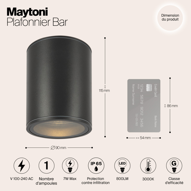 Светильник 9 см, 7W, 3000K, Maytoni Bar O306CL-L7GF, графит, IP65