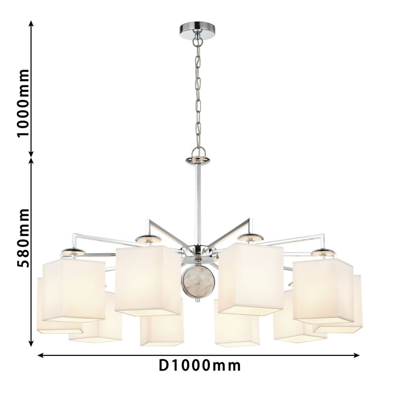Подвесная люстра Favourite Diva 2821-10P, D1000*H490/1555(H580/1645), хром, плафоны из белой ткани, декор - имитация белого мрамора, каркас можно монтировать как вверх, так и вниз плафонами.