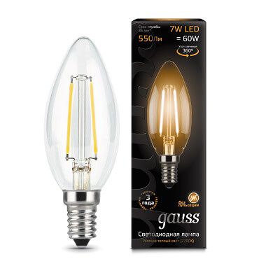 Лампа светодиодная филаментная E14 7W=60W 2700К свеча прозрачная, теплый свет 103801107