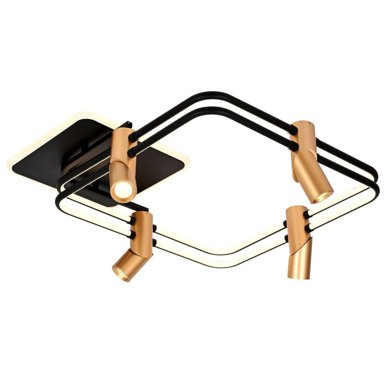 Потолочный светильник Favourite Cosmical 4070-4U, L600*W600*H210, потолочный светильник черного цвета в  сочетании с золотыми поворотными спотами на каркасе, встроенные ленты LED по периметру. Пульт управления цветом
