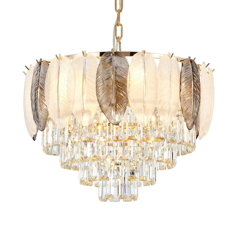 Подвесная люстра Favourite Dolor 2982-9P, D510*H380/1380, золотой гальваники, декоративные лепестки из белого и серого стекла, хрусталь оригинальной прямоугольной формы высшего качества