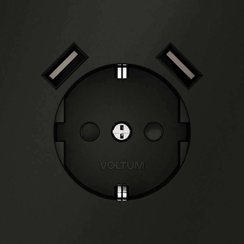 Розетка встраиваемая Voltum S70 с заземлением и защитными шторками, 16А, с USB, A+A, черный матовый пластик Soft touch VLS040408