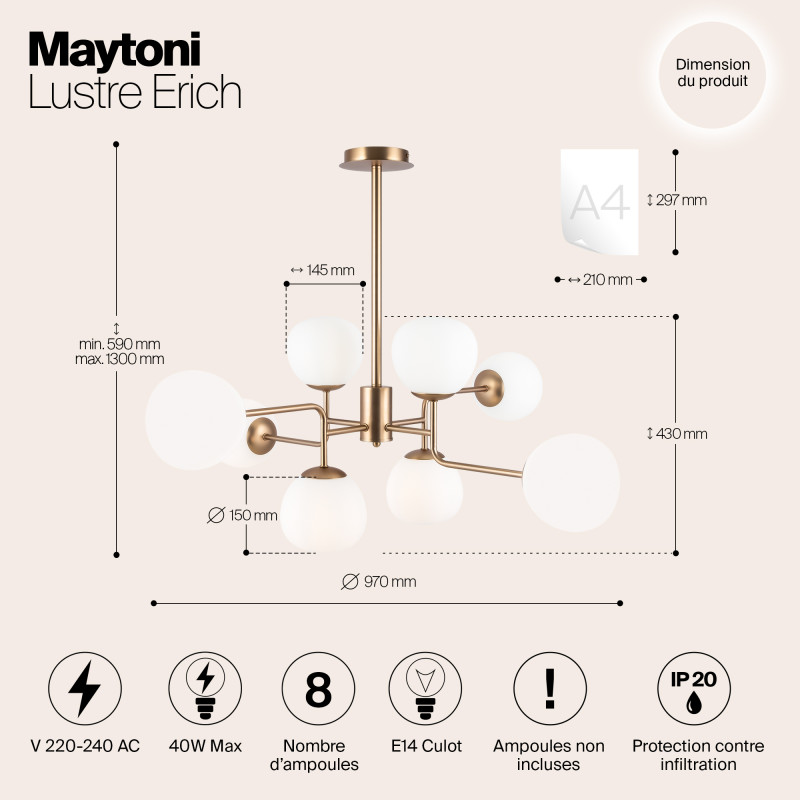 Люстра подвесная Maytoni Erich MOD221-PL-08-G, белый/золото