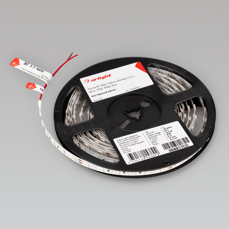 Лента RT-B60-10mm 24V Red (14.4 W/m, IP20, 5060, 5m) (Arlight, Открытый) 008817(2). Цена указана за 5 метров. Продается кратно 5 метрам.