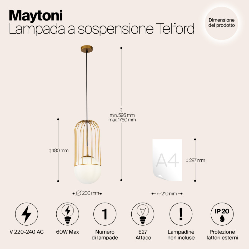 Подвесной светильник Maytoni Telford P363PL-01G, золото, диаметр 20 см