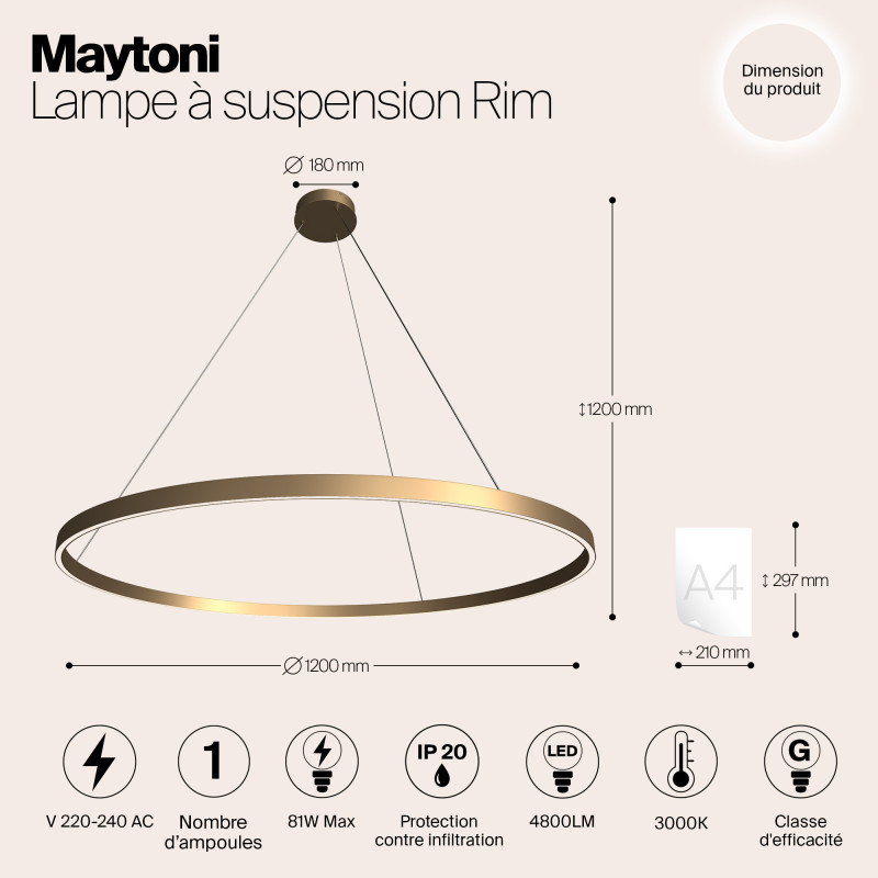 Светильник 120 см, 81W, 3000K Maytoni MOD058PL-L65BS3K, латунь