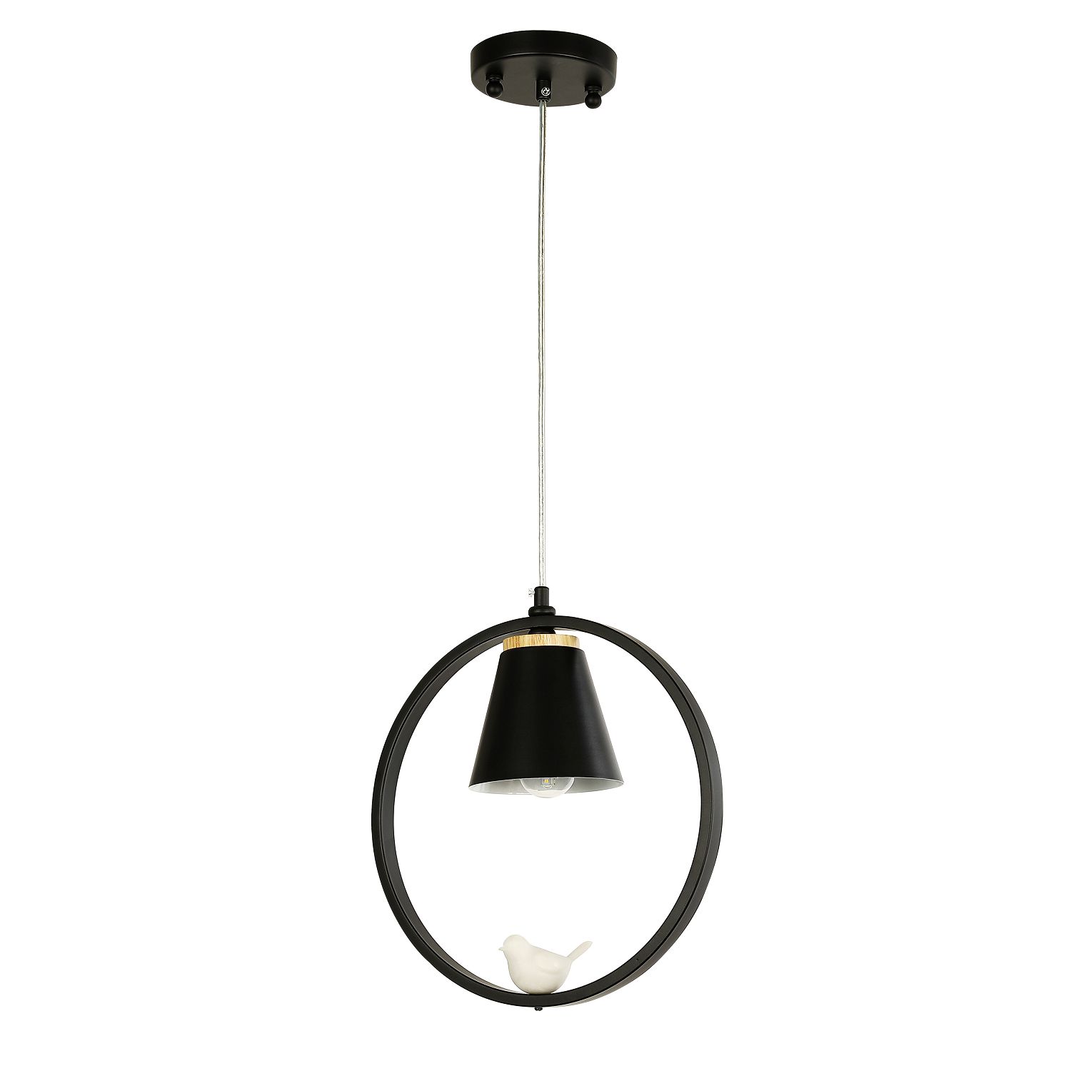 Подвес F-Promo Uccello 2938-1P, W300*H325/1325, каркас матового черного цвета, декоративные вставки из светлого дерева, декоративный элемент в виде белой акриловой птицы