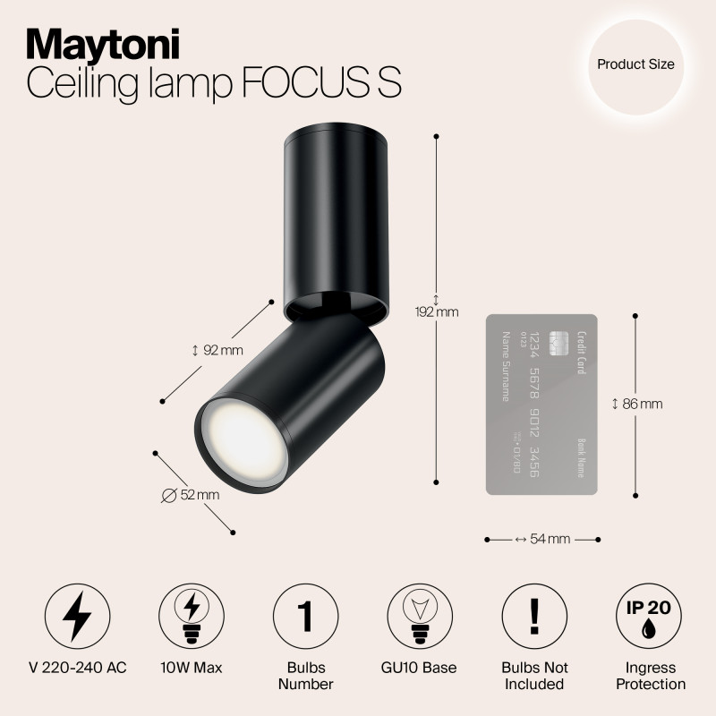 Светильник 5*5 см, GU10 10W, Maytoni Focus S C051CL-01B, черный