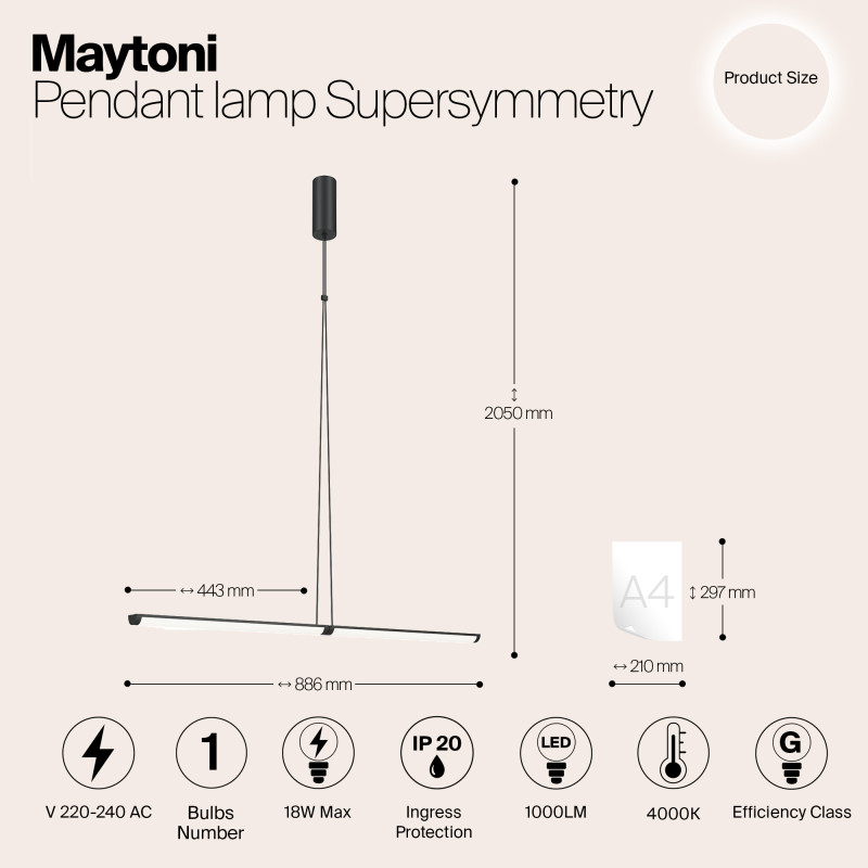 Подвесной светильник  4*4*88,6 см, LED 1 18W, 4000К, Черный Maytoni Supersymmetry P096PL-L11BK1