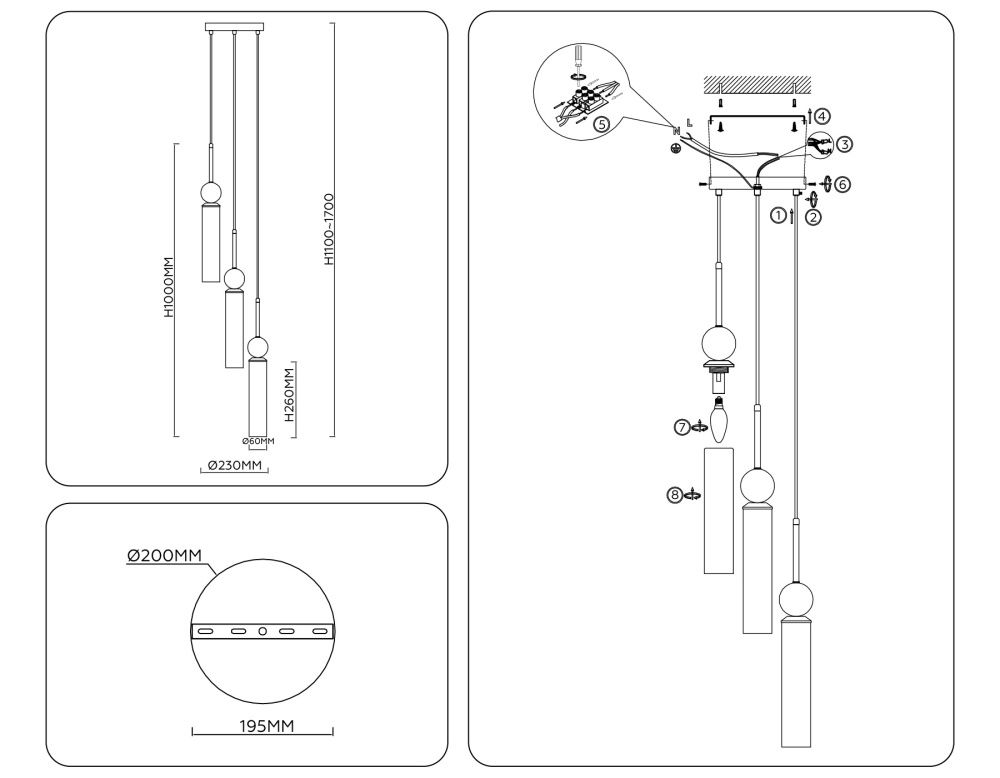 Подвесной светильник **100- см, 3*E14*40W, K, Ambrella Light High Light LH53257, латунь