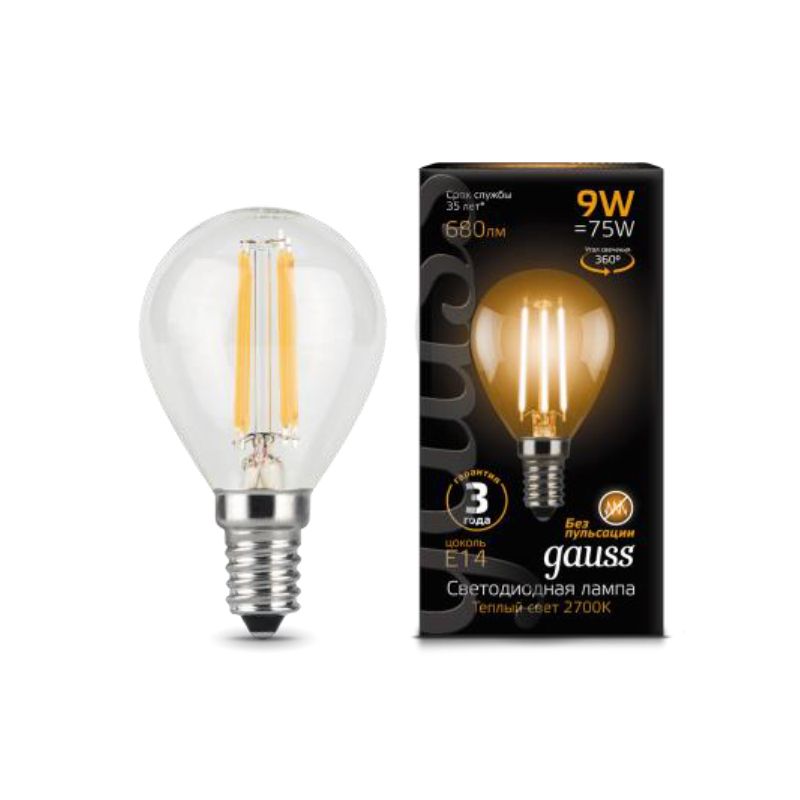 105801109 Лампа Gauss Filament Шар 9W 680lm 2700К Е14 LED 1/10/50