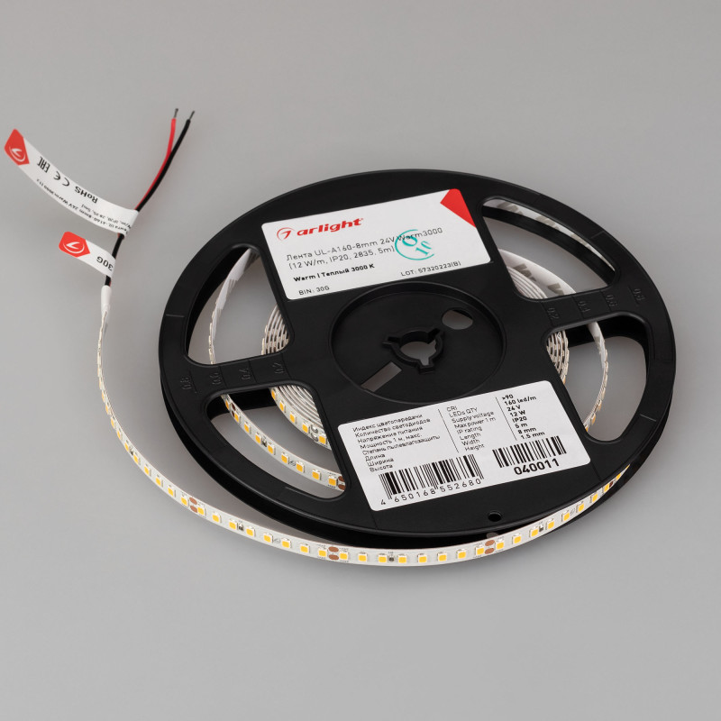 Лента UL-A160-8mm 24V Warm3000 (12 W/m, IP20, 2835, 5m) (Arlight, 7 лет) 040011. Цена указана за 5 метров. Продается кратно 5 метрам.