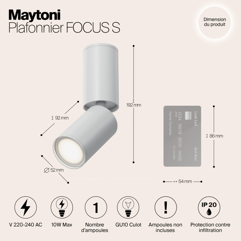 Светильник 5*5 см, GU10 10W, Maytoni Focus S C051CL-01W, белый