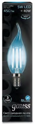 Лампа светодиодная Е14, 5W=40W, Gauss LED Filament свеча на ветру 4100K дневной свет 104801205