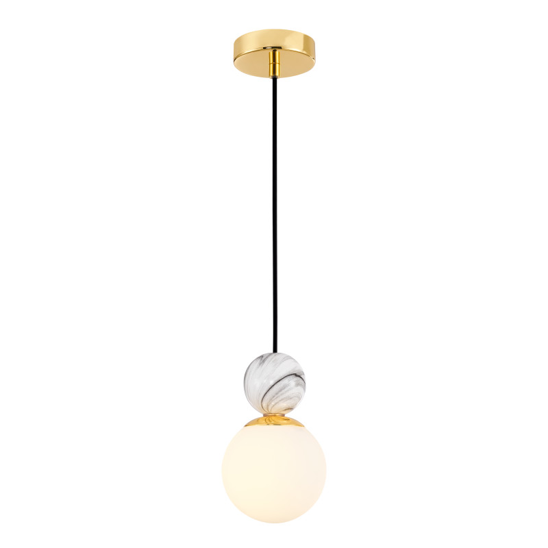 Подвес Favourite Sangamarmer 3010-1P, D120*H235/1200, золота, плафон шарообразной формы из матового белого стекла, декоративный элемент из керамики цвета белого мрамора, лампу G9 можно менять