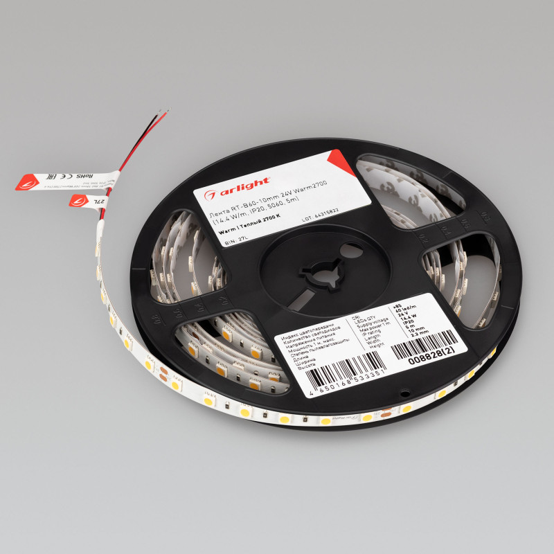 Лента RT-B60-10mm 24V Warm2700 (14.4 W/m, IP20, 5m) (Arlight, 14.4 Вт/м, IP20) 008828(3). Цена указана за 5 метров. Продается кратно 5 метрам.