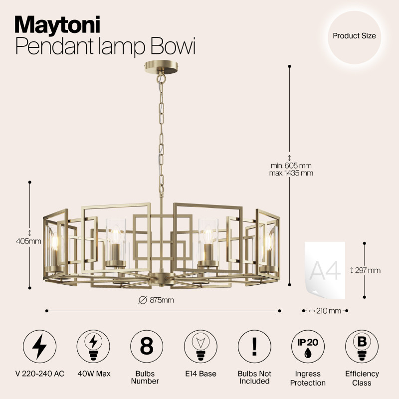 Подвесной светильник Maytoni Bowi H009PL-08G золото, диаметр 87.5 см
