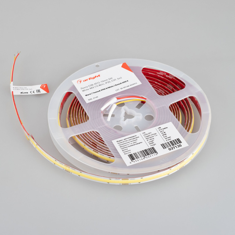 Лента COB-X512-10mm 24V White-MIX (15 W/m, IP20, CSP, 5m) (Arlight, 5 лет) 037130. Цена указана за 5 метров. Продается кратно 5 метрам.