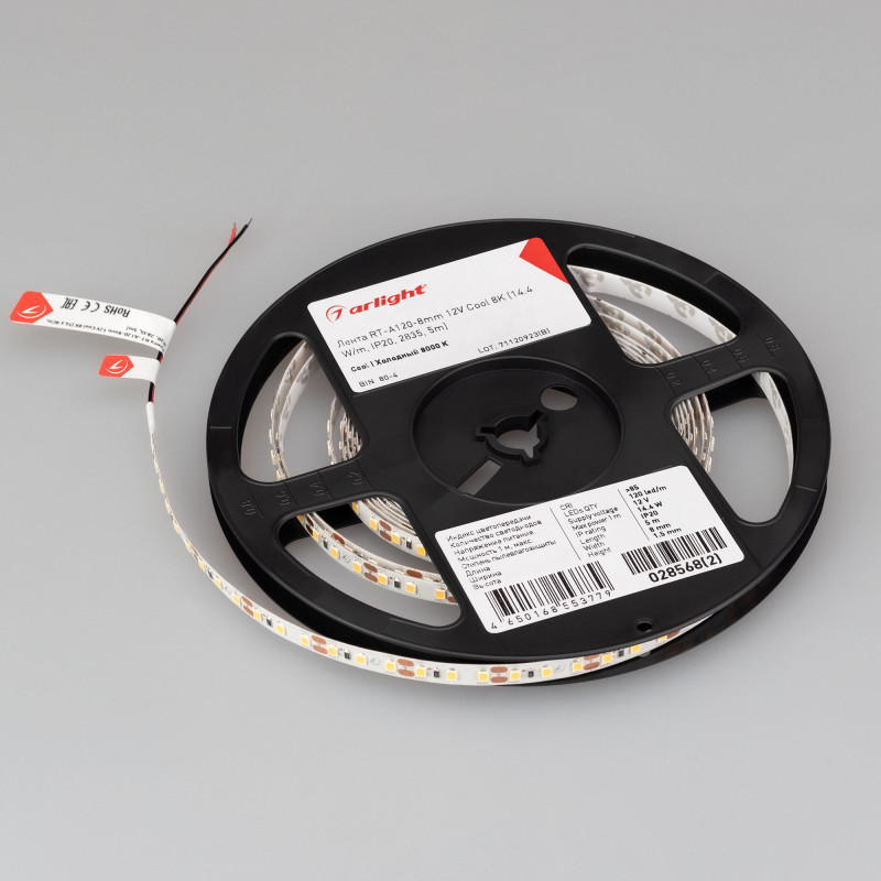 Лента RT-A120-8mm 12V Cool 8K (14.4 W/m, IP20, 2835, 5m) (Arlight, Открытый) 028568(2). Цена указана за 5 метров. Продается кратно 5 метрам.