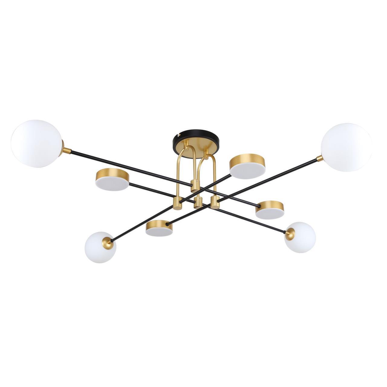Люстра F-Promo Complesso 3095-8P, D1200*H290, каркас черного цвета с декоративными элементами цвета золота, плафоны из белого стекла, рассеиватели из белого акрила, лампу G9 можно менять