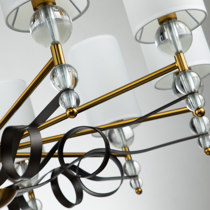 Подвесная люстра Favourite Opera 2994-10P, D980*H685/1680, латуни, декоративные металлические ленты темно-коричневого цвета, декоративные стеклянные шары на рожках, плафоны из ткани белого цвета