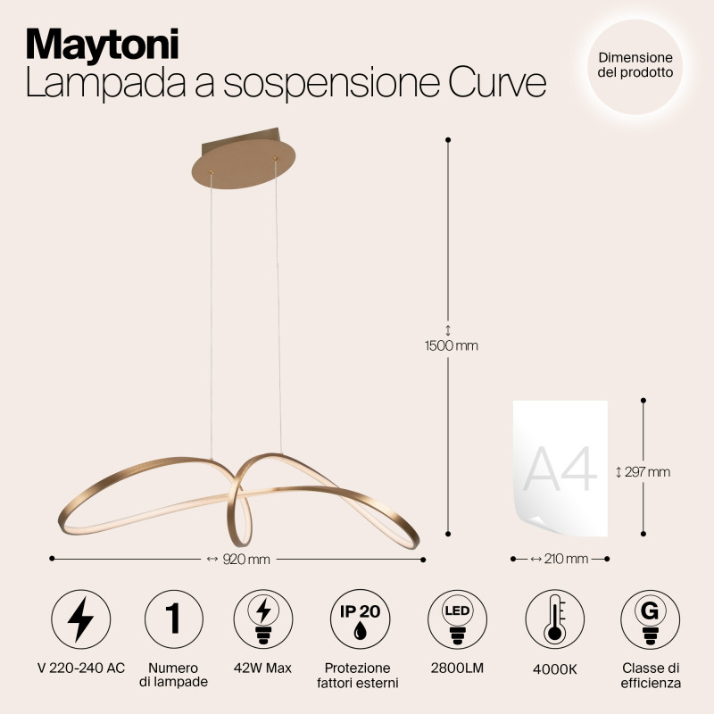Светодиодный светильник 92 см, 42W, 4000K, Maytoni MOD156PL-L52G4K, золото