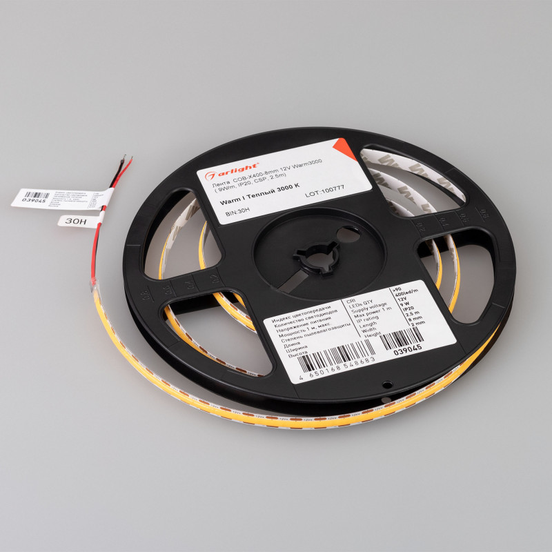 Лента COB-X400-8mm 12V Warm3000 (9 W/m, IP20, CSP, 2.5m), Arlight 039045. Цена указана за 2,5 метров. Продается кратно 2,5 метрам.