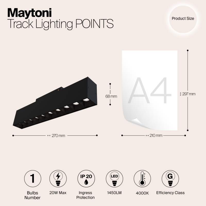 Светодиодный светильник 27 см, 20W, 4000К Maytoni Points S35 TR014-2-20W4K-B черный трековый