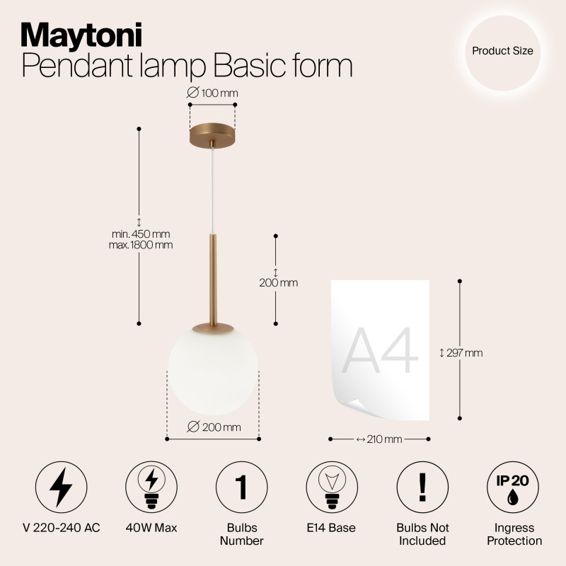 Светильник 20 см, Maytoni Basic form MOD321PL-01G3, золото