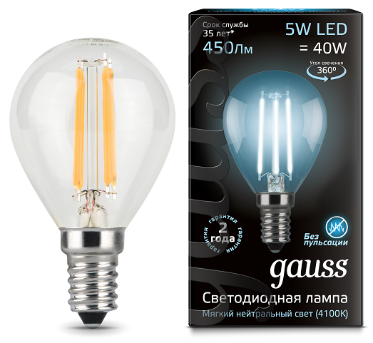 Лампа светодиодная Е14, 5W=40W, Gauss LED Filament Globe 4100K дневной свет 105801205