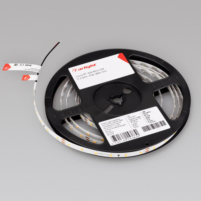 Лента RT-A60-8mm 24V Warm2700 (7.2 W/m, IP20, 2835, 5m) (Arlight, Открытый) 020013(2). Цена указана за 5 метров. Продается кратно 5 метрам.