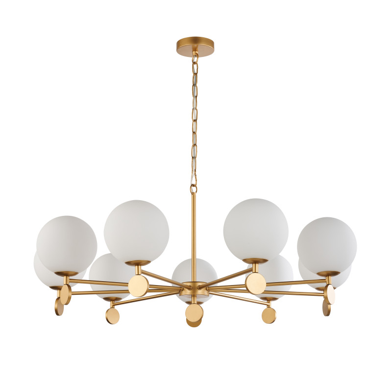 Подвесная люстра Favourite Absolute 2928-9P, D910*H365/1540, каркас золотого цвета, плафоны из стекла цвета опала, люстру можно монтировать плафонами вверх или вниз