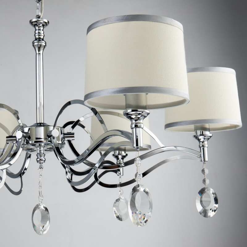 Подвесная люстра Favourite Semina 2707-6P, D840*H430/1430, хром, абажуры из белой ткани с серебряной тесьмой, декоративные элементы из прозрачного хрусталя
