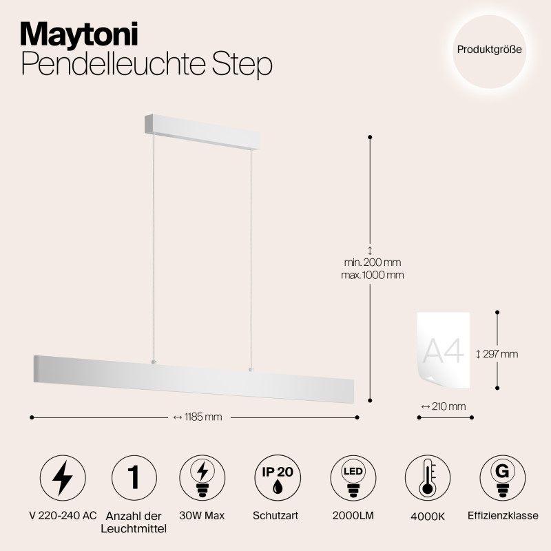 Светильник LED 120 см, 30W, 4000K Maytoni Step P010PL-L30W4K, белый
